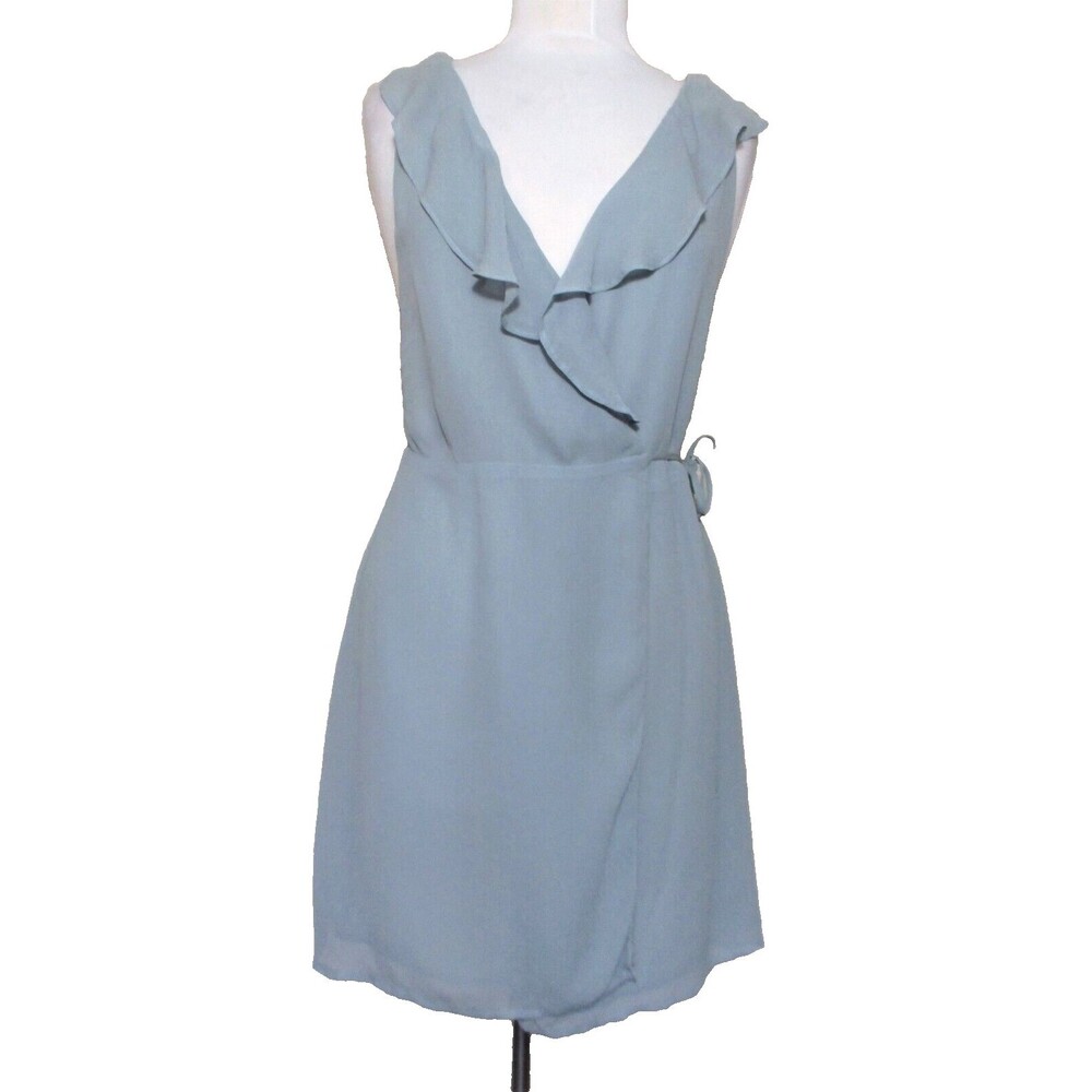 Reformation Waterfall Wrap Dress Small Blue Gray Viscose Ruffle Trim NWT